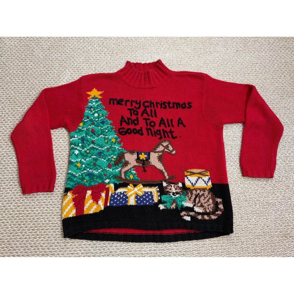 Boundary Waters Vintage Christmas Sweater Cat Cottagecore rustic cabin  90's M